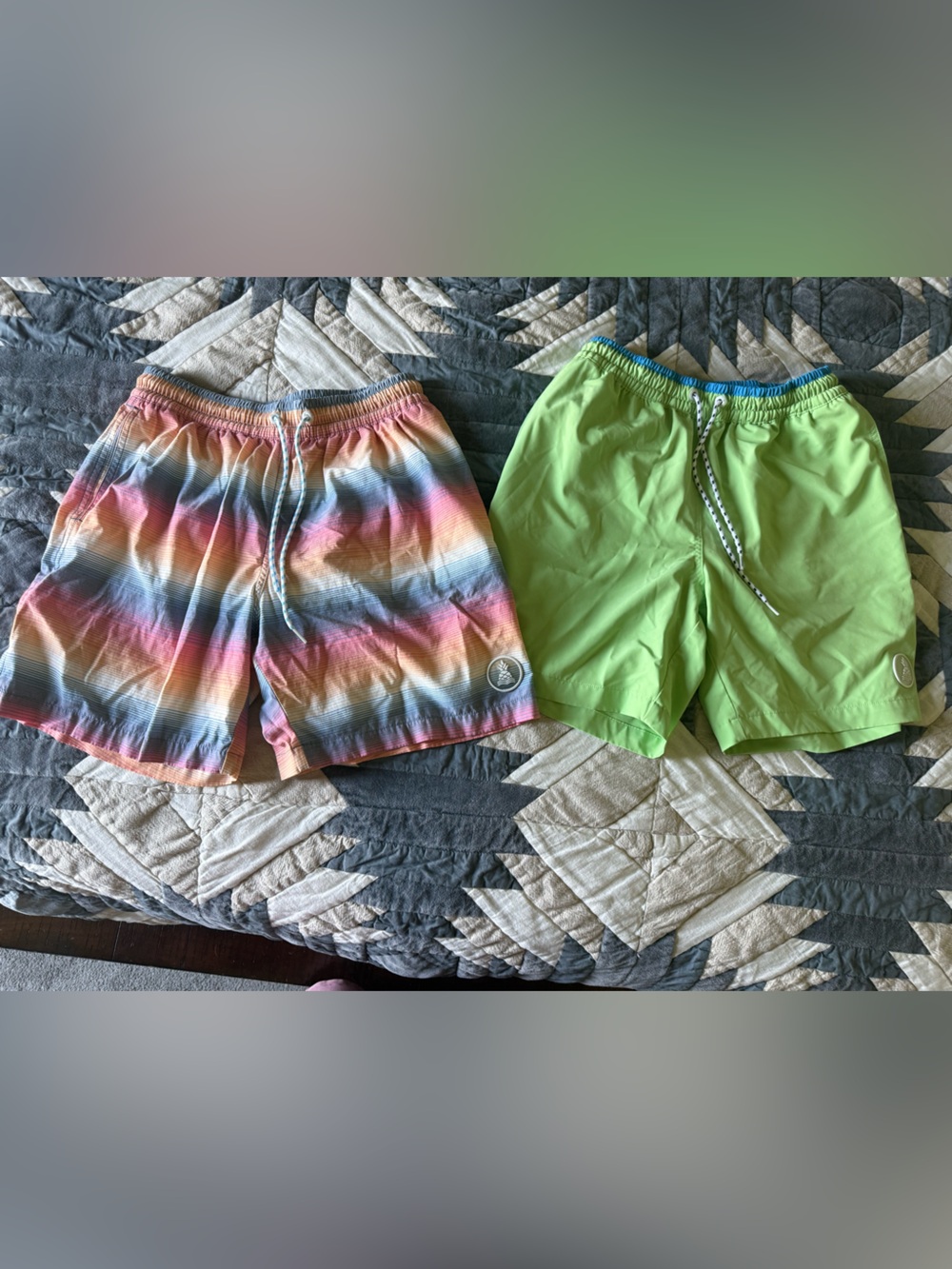 Men’s 7” Lined Swim Trunks. Rainbow Stripe & Lime Swim Shorts - Pack of 2 Small